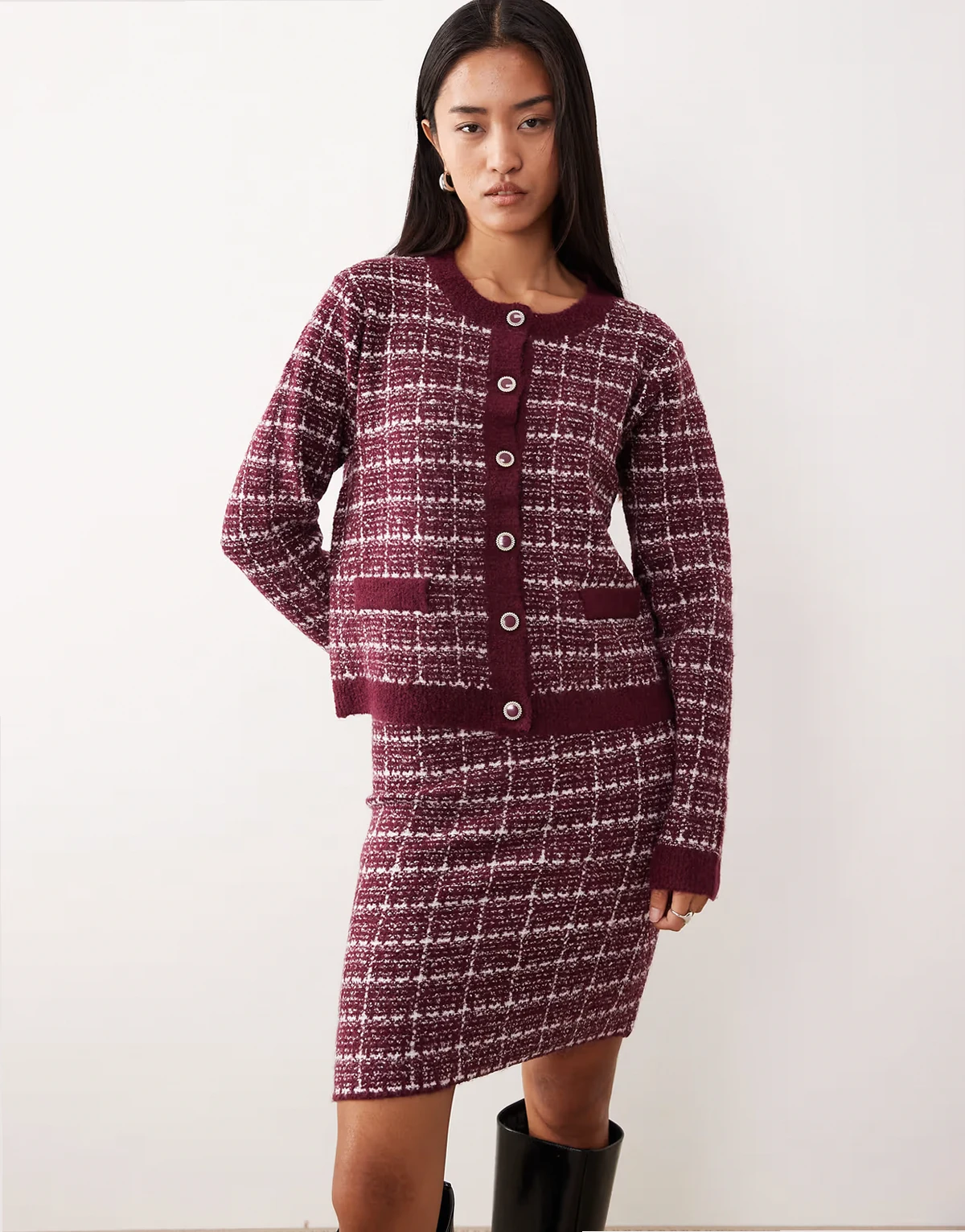 boucle check cardigan in burgundy - part of a set