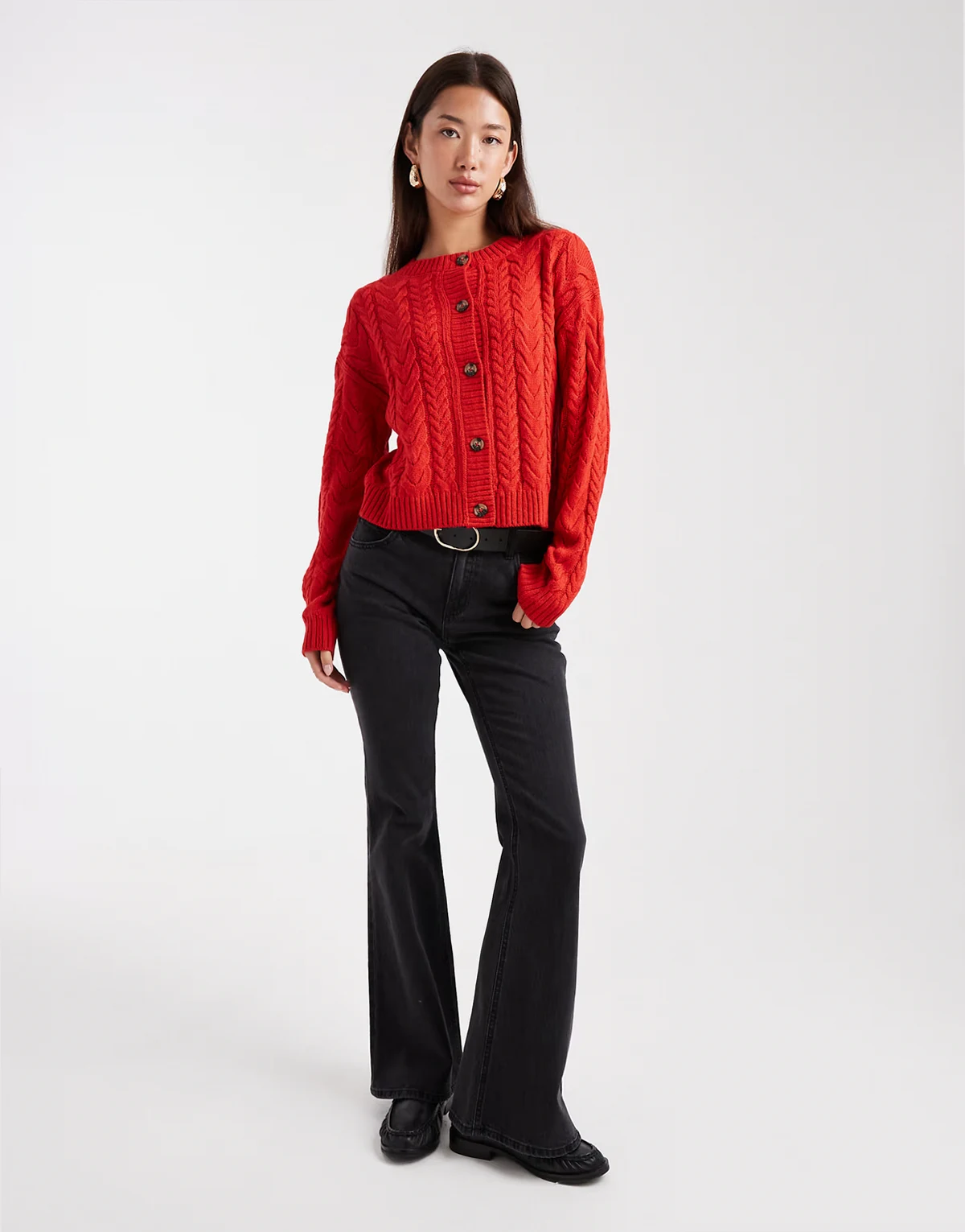 cable knit chunky cardigan in red