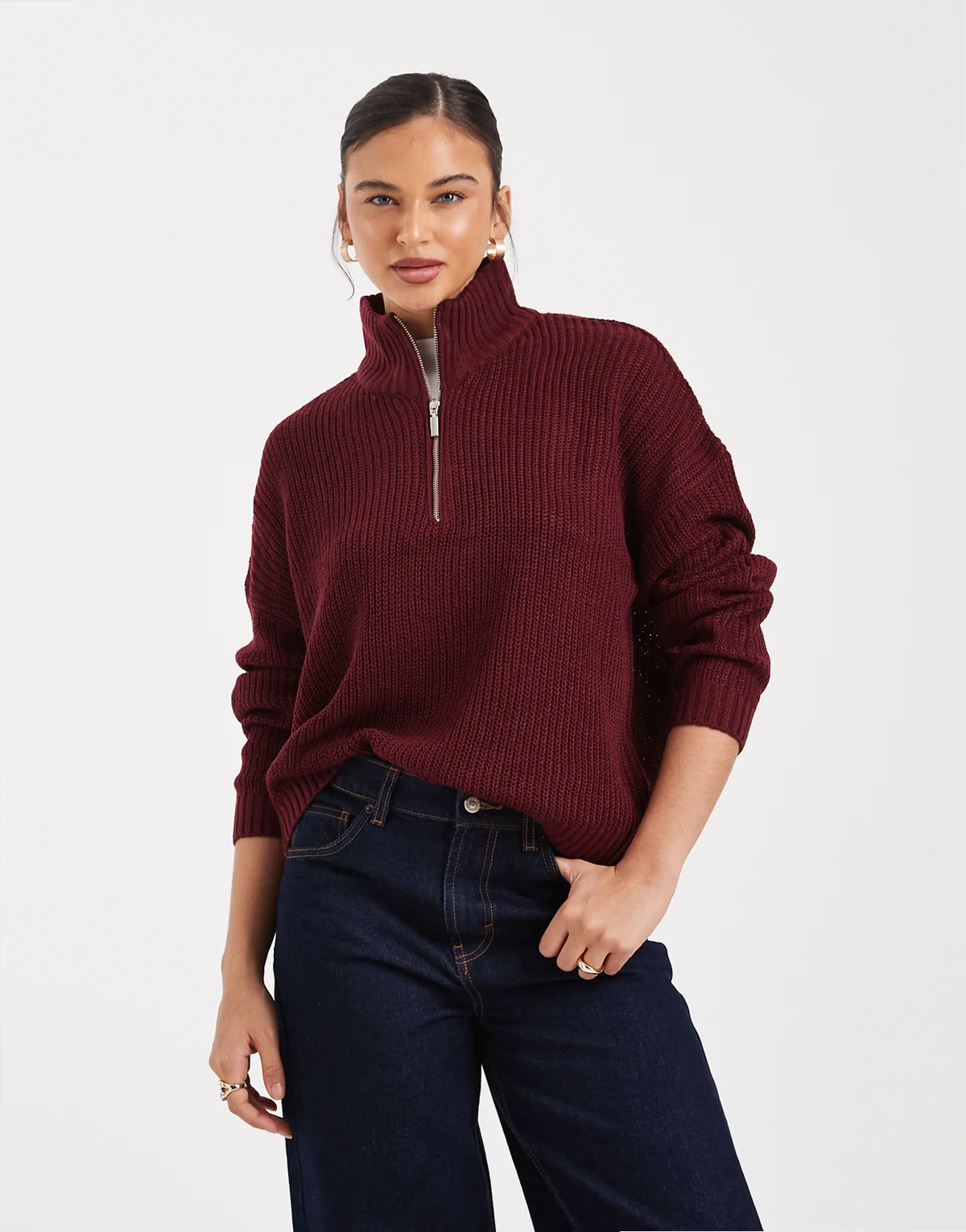 chunky knit quarter zip sweater in burgundy