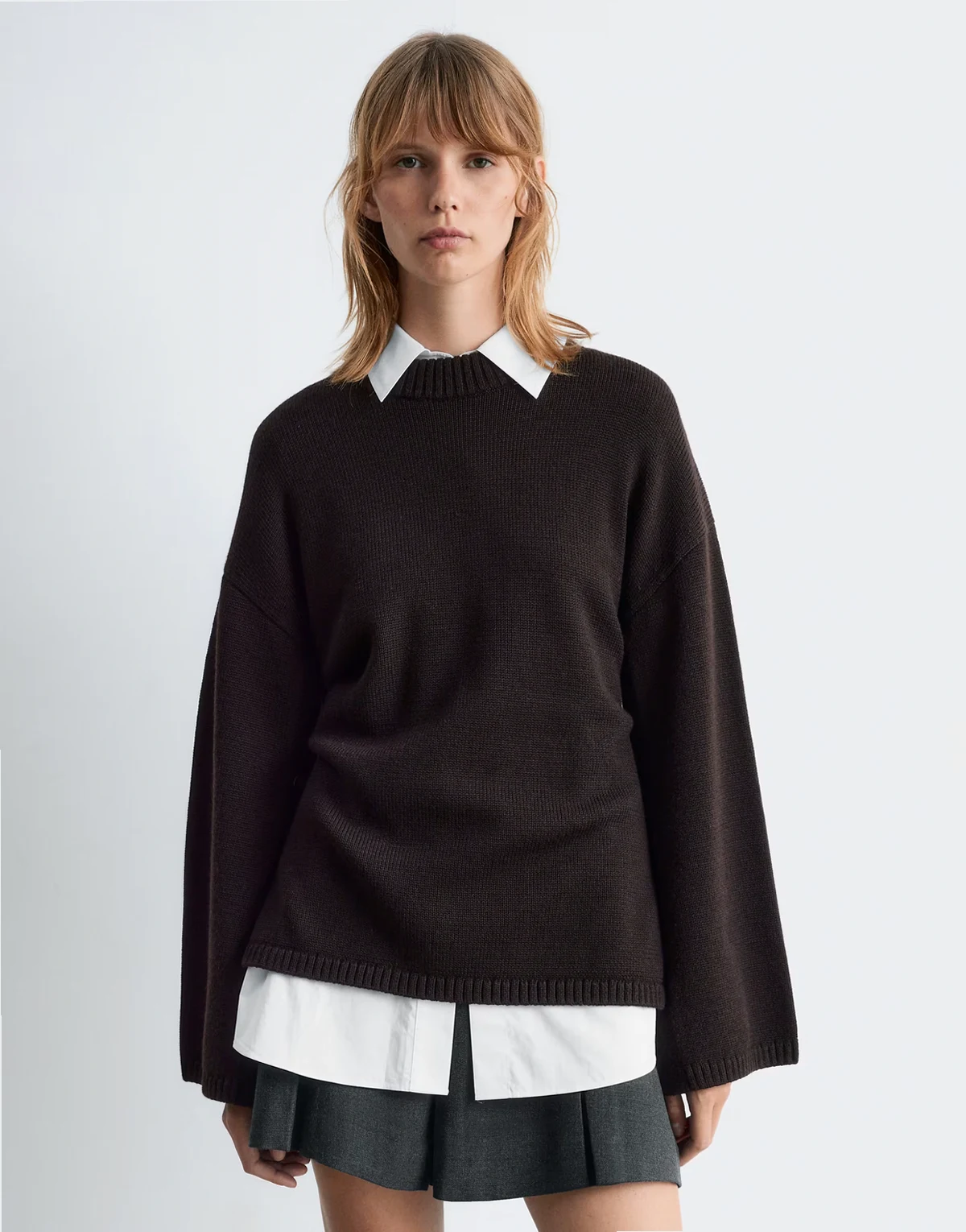pure wool sweater with button cape sleeves in brown