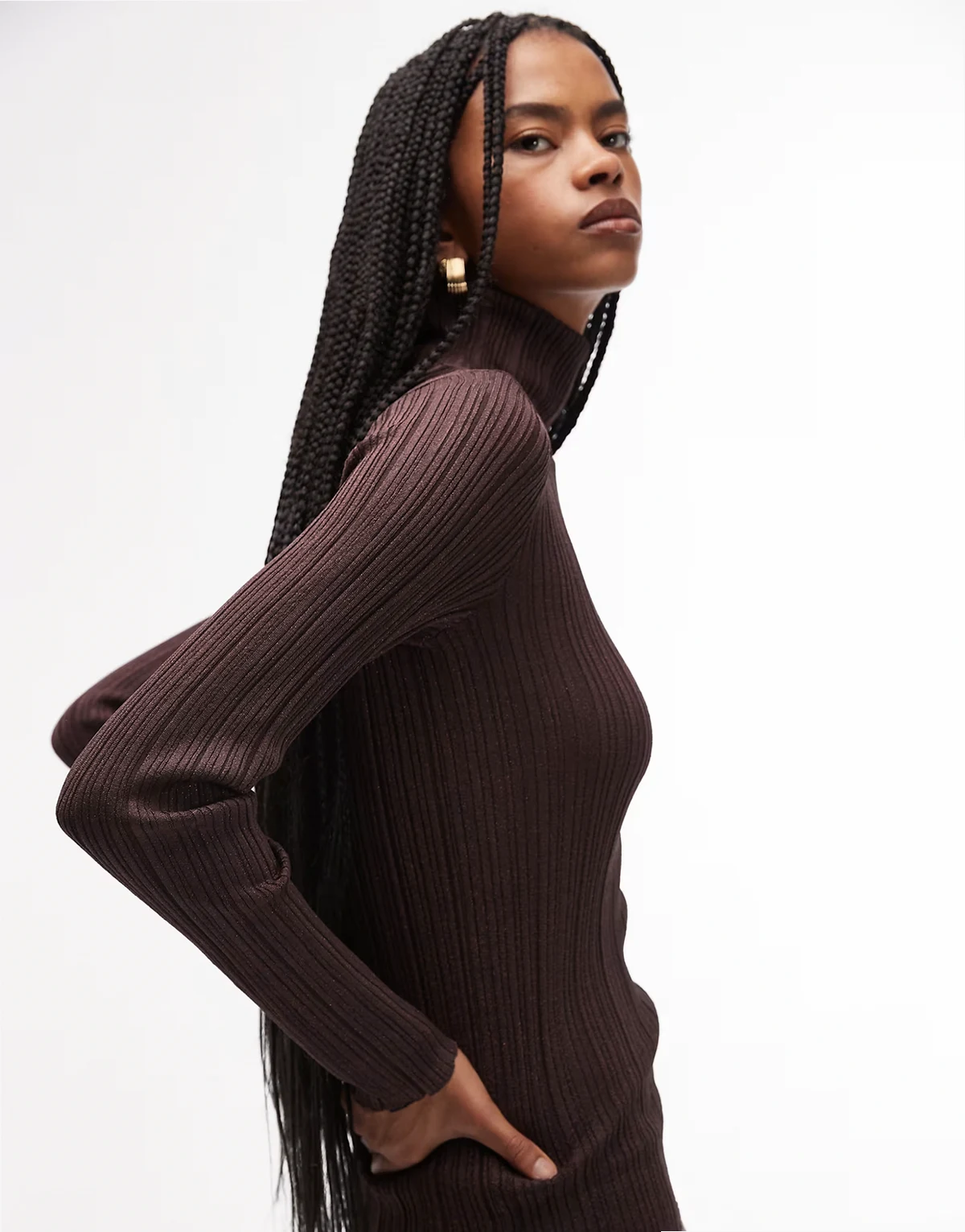 metallic knit ribbed top with roll neck in brown