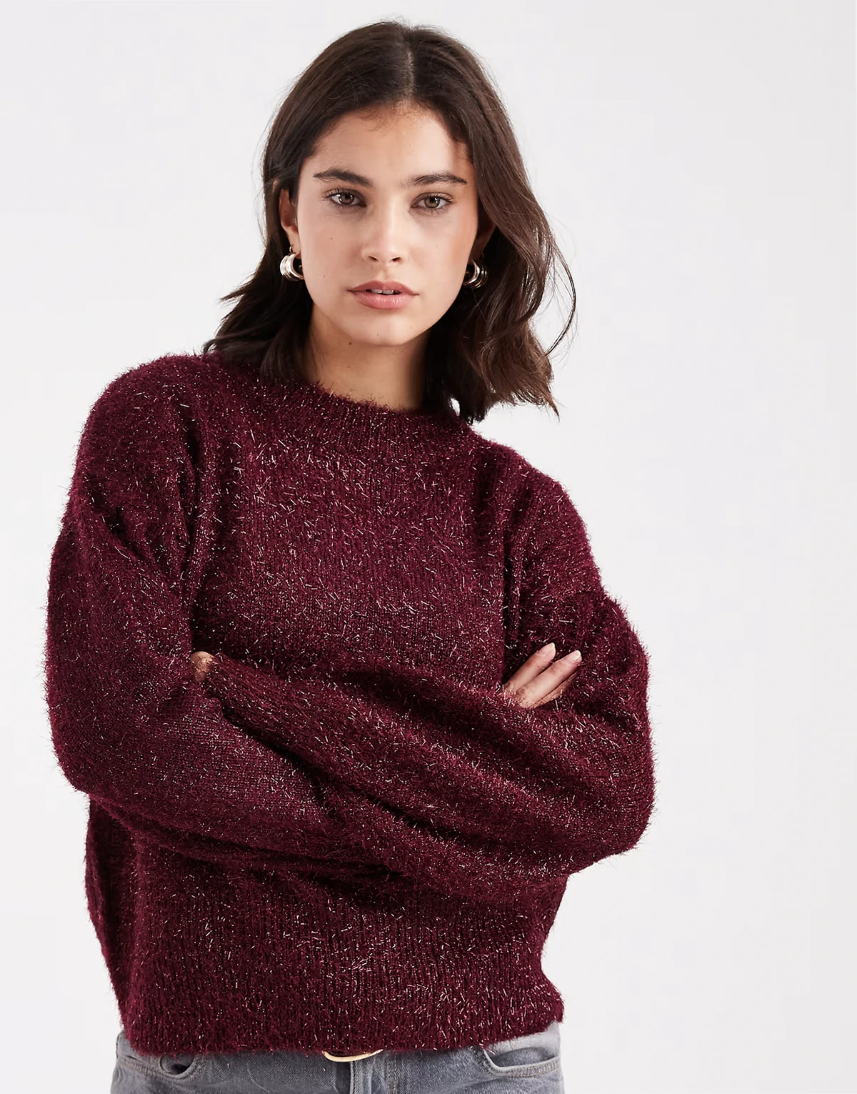 slouchy fit knit crew neck sweater in deep wine