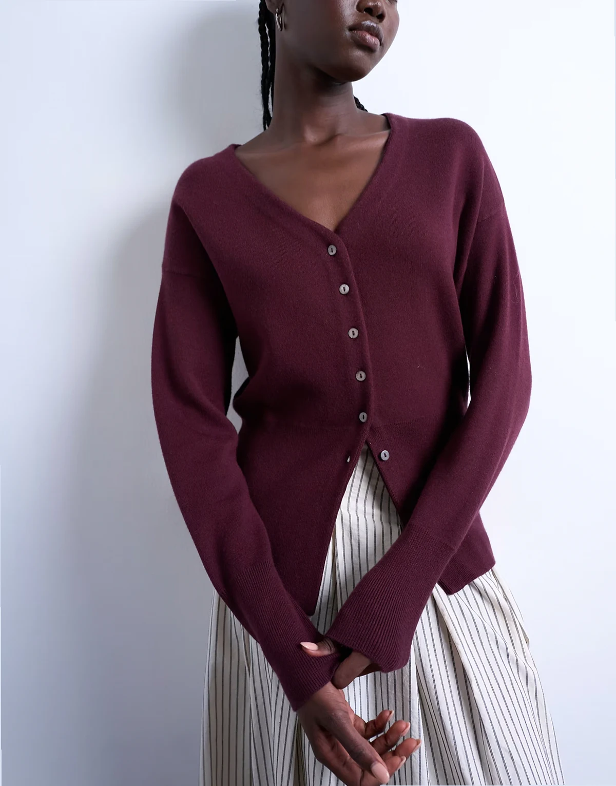 knit V-neck longline compact fitted waist cardigan in plum