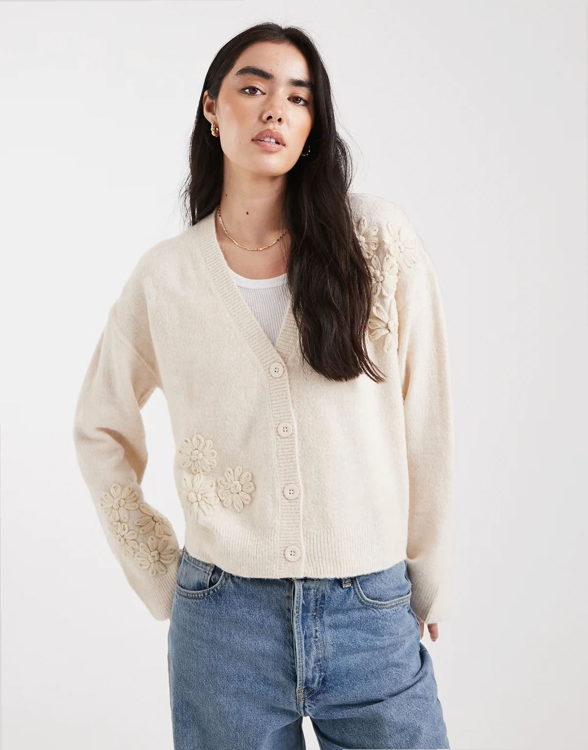 v neck cardigan with flower embroidery detail in stone