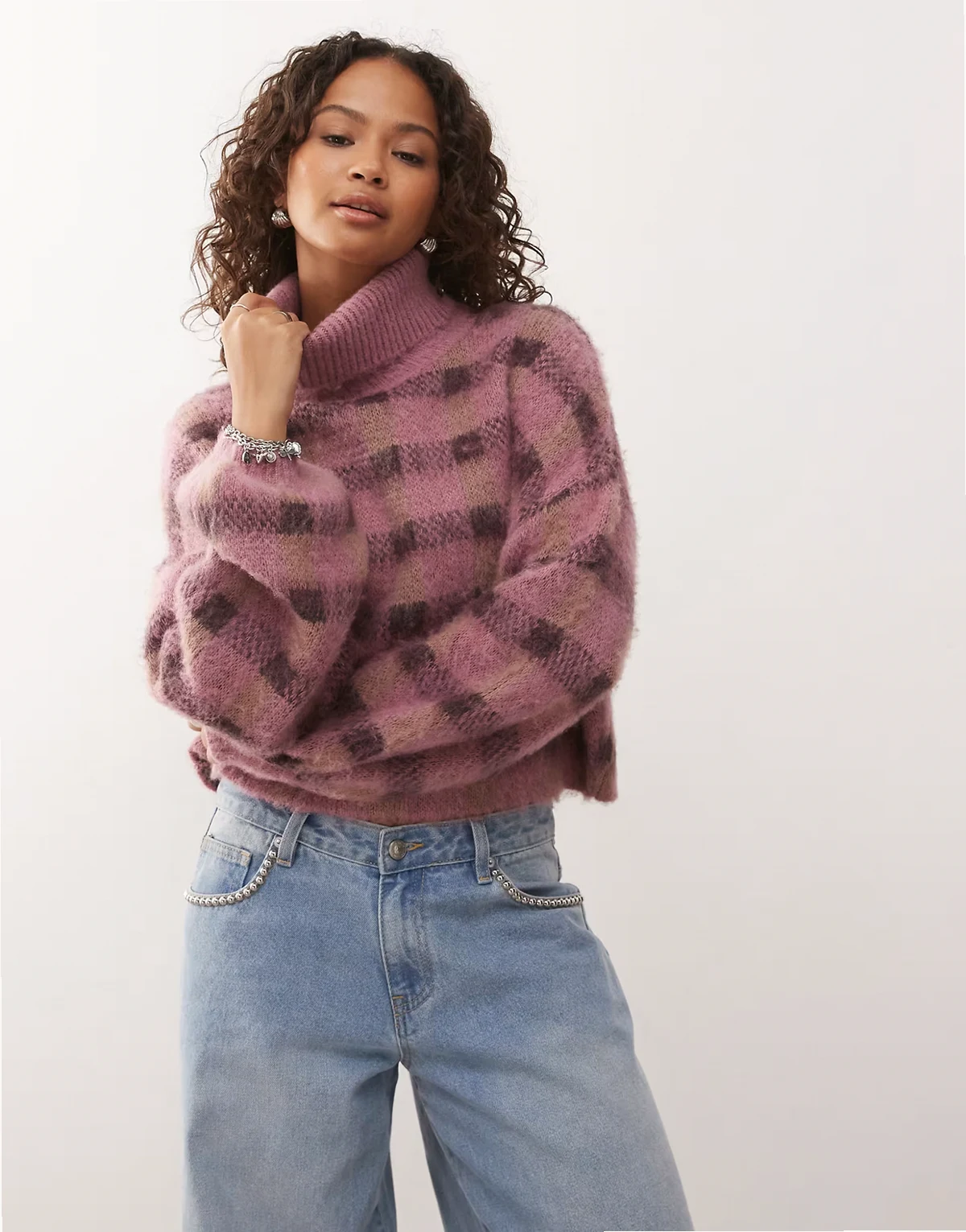 fluffy knit roll neck sweater with balloon sleeves in check