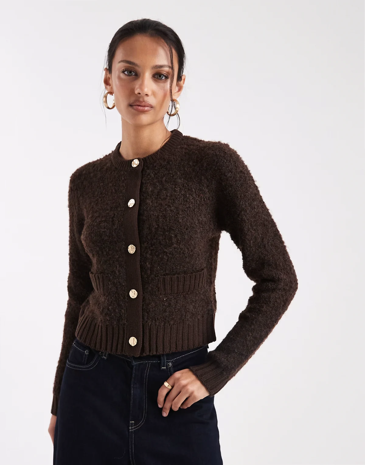 cardigan with contrast buttons and pocket detail in chocolate brown