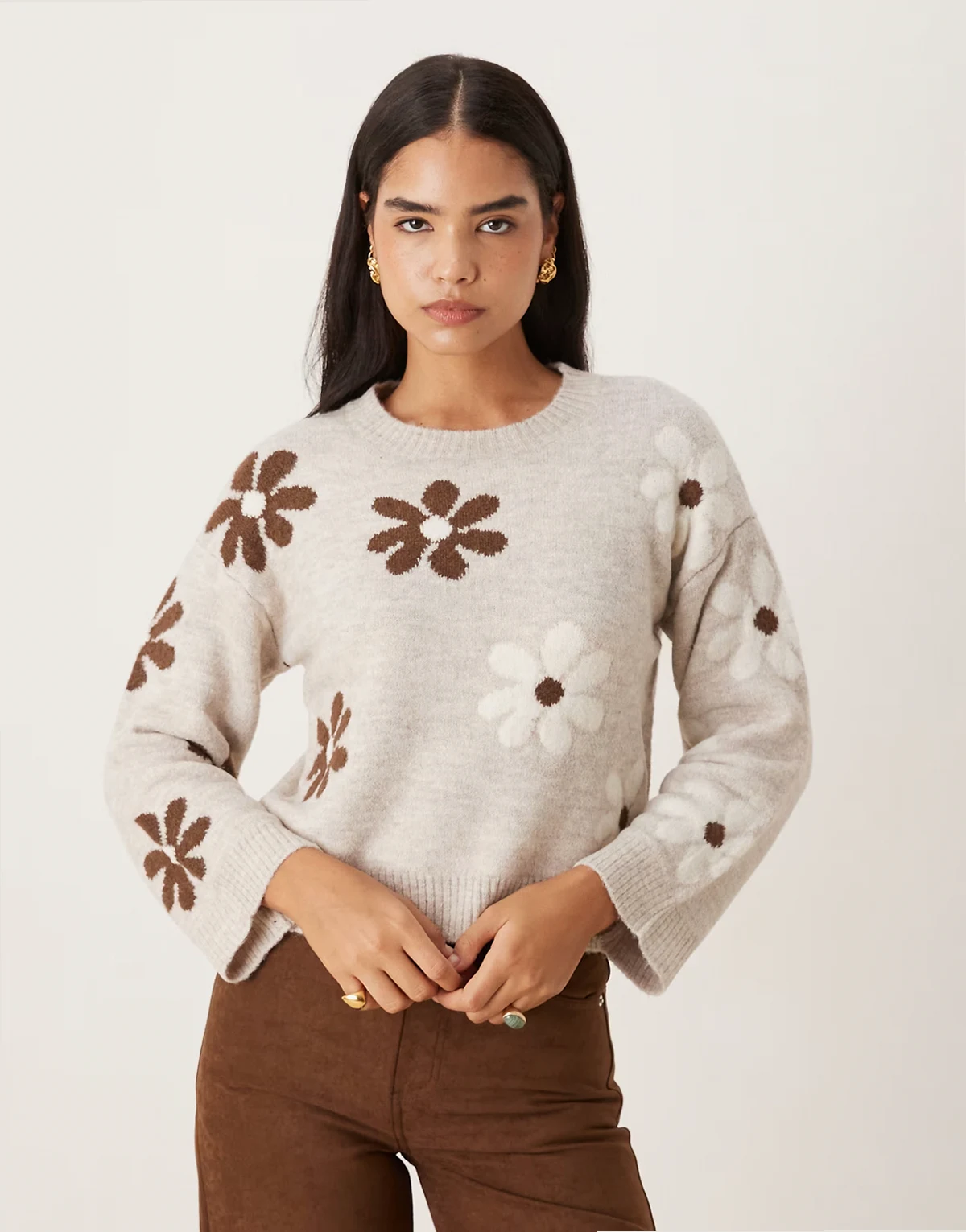 crew neck knit sweater with flower detail in multi