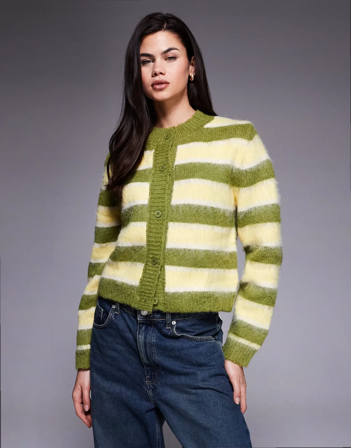 Darling contains wool fluffy knit button up cardigan in green & yellow