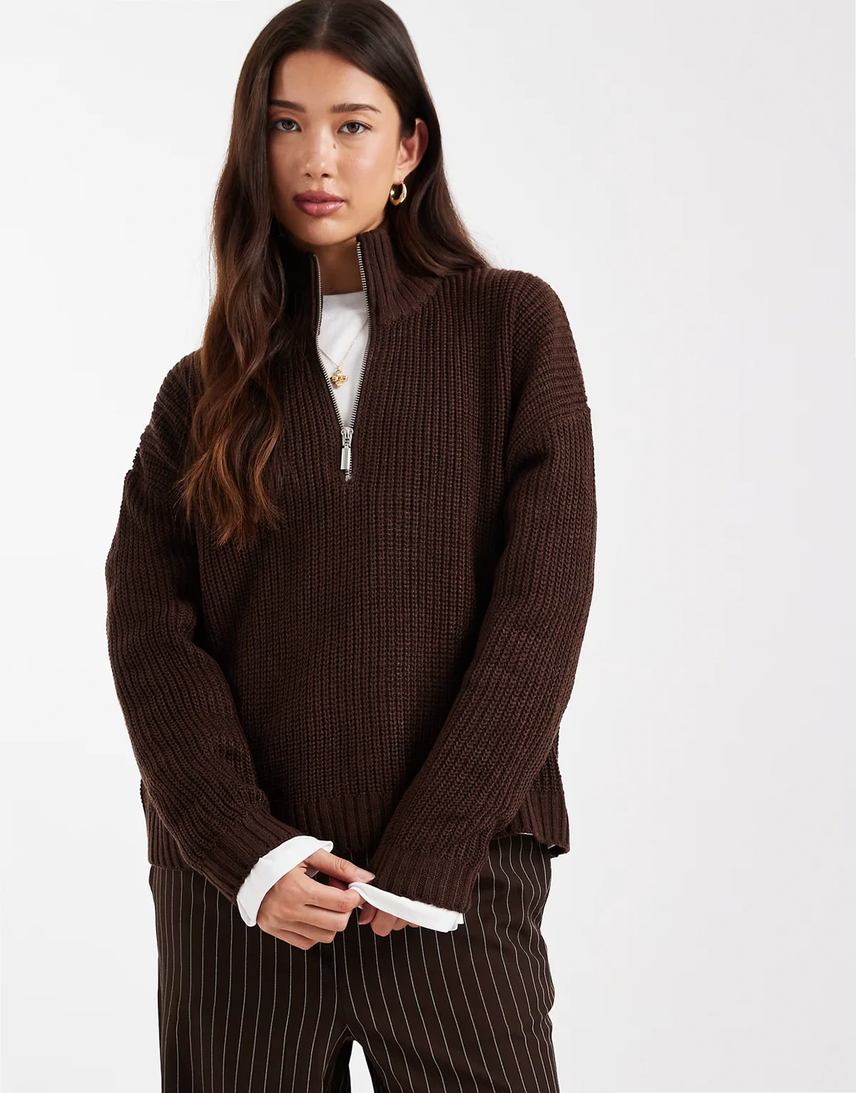 chunky knit quarter zip sweater in brown