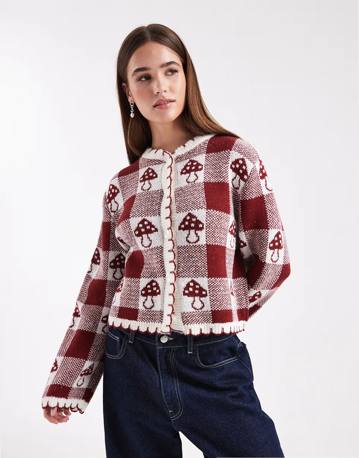 – Strickjacke mit witzigem Pilzmuster und Languettenstich