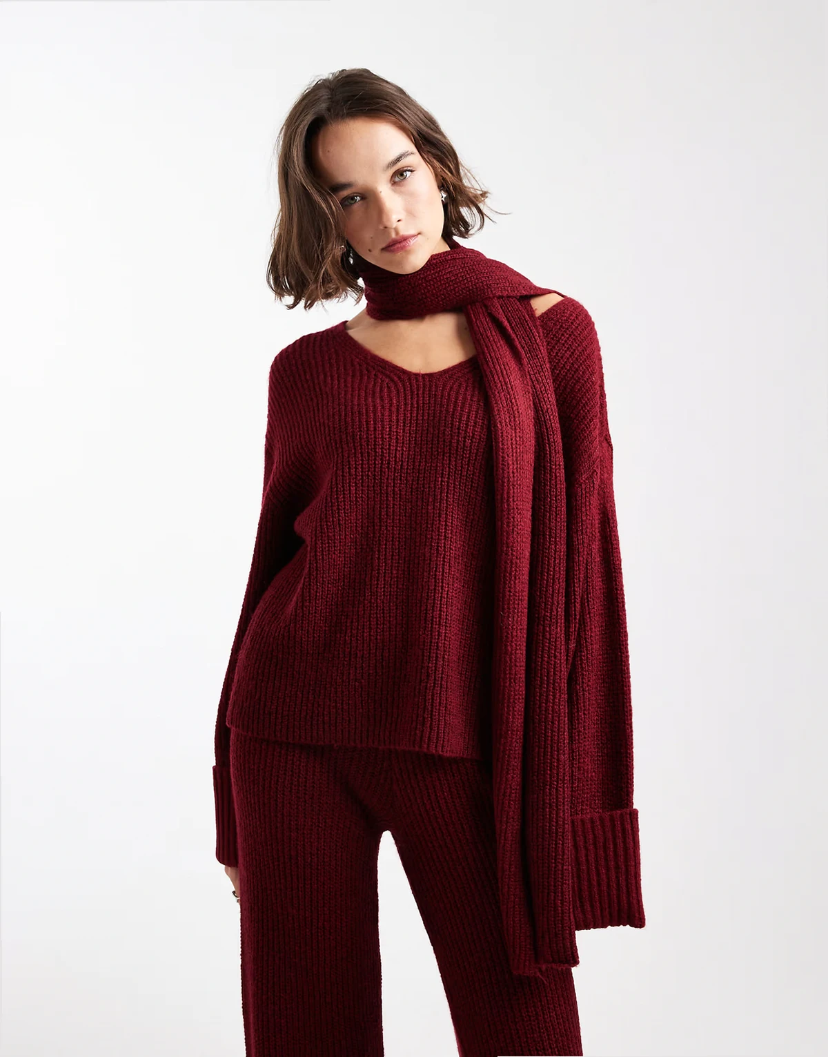 deep cuff v neck scarf detail sweater in burgundy - part of a set