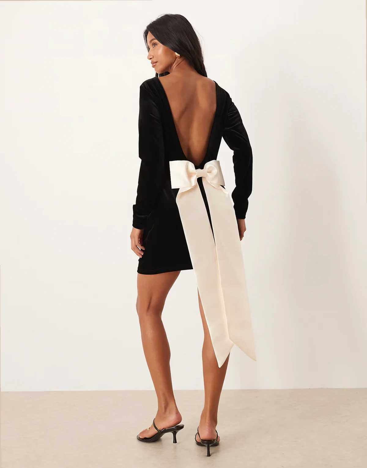 Petite open back mini dress with detachable bow in black