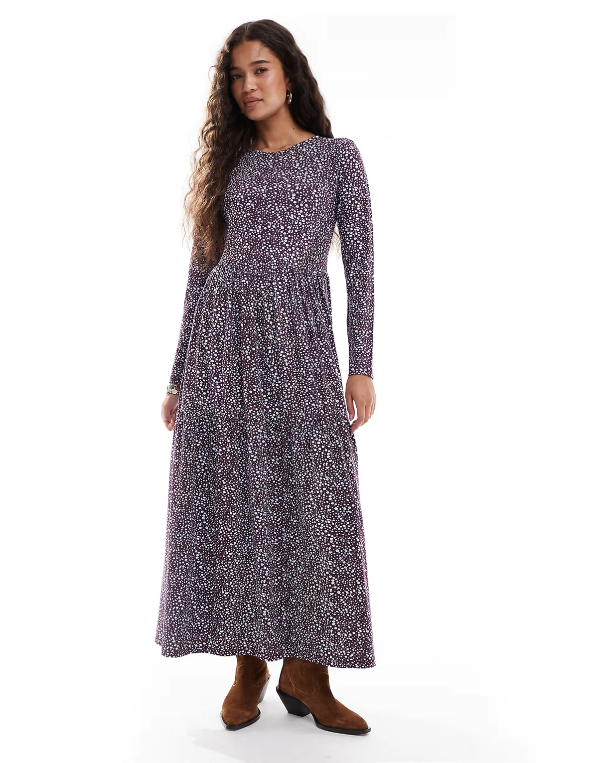 long sleeve smudged polka dots midaxi dress in plum