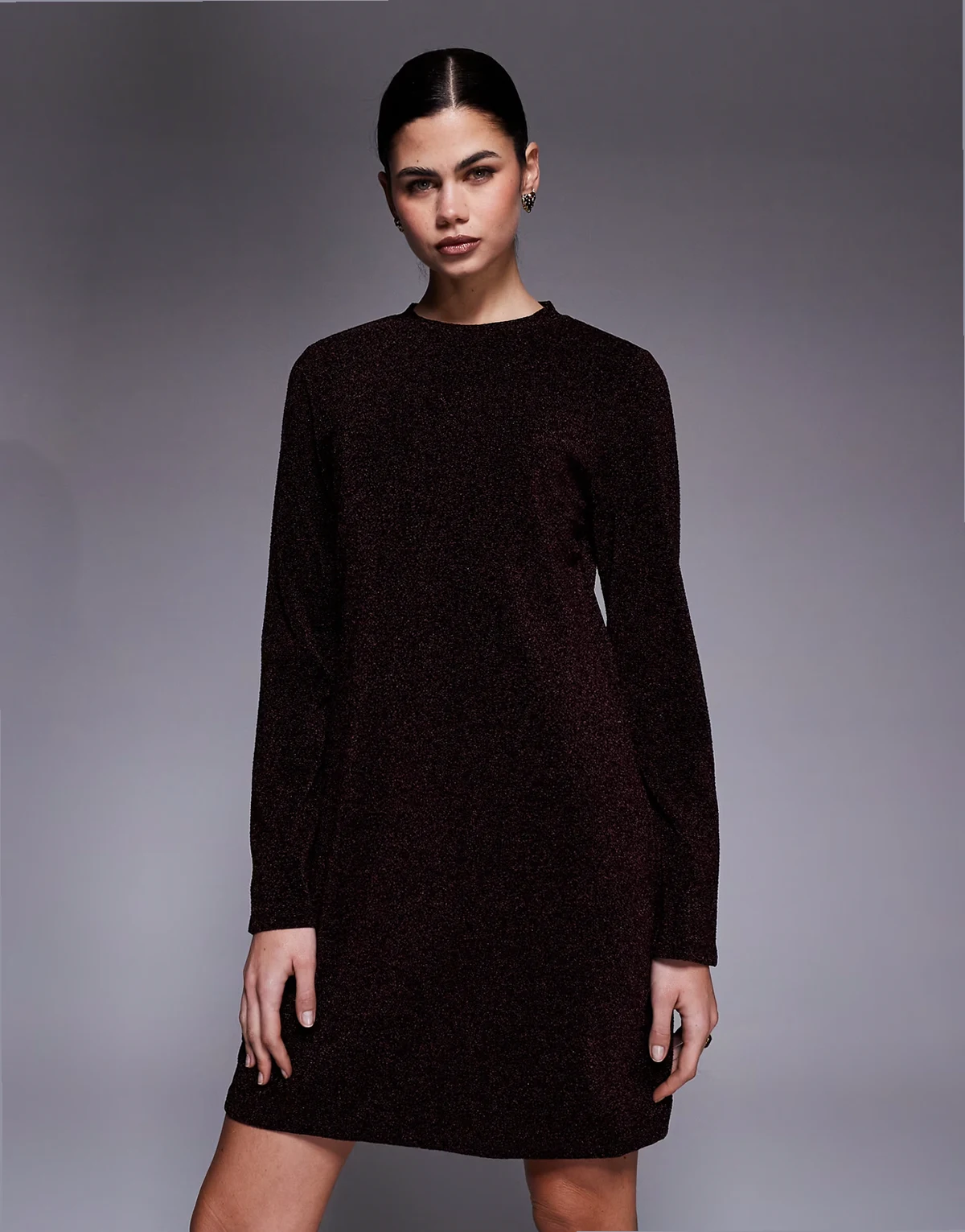 long sleeve glitter mini dress in warm brown