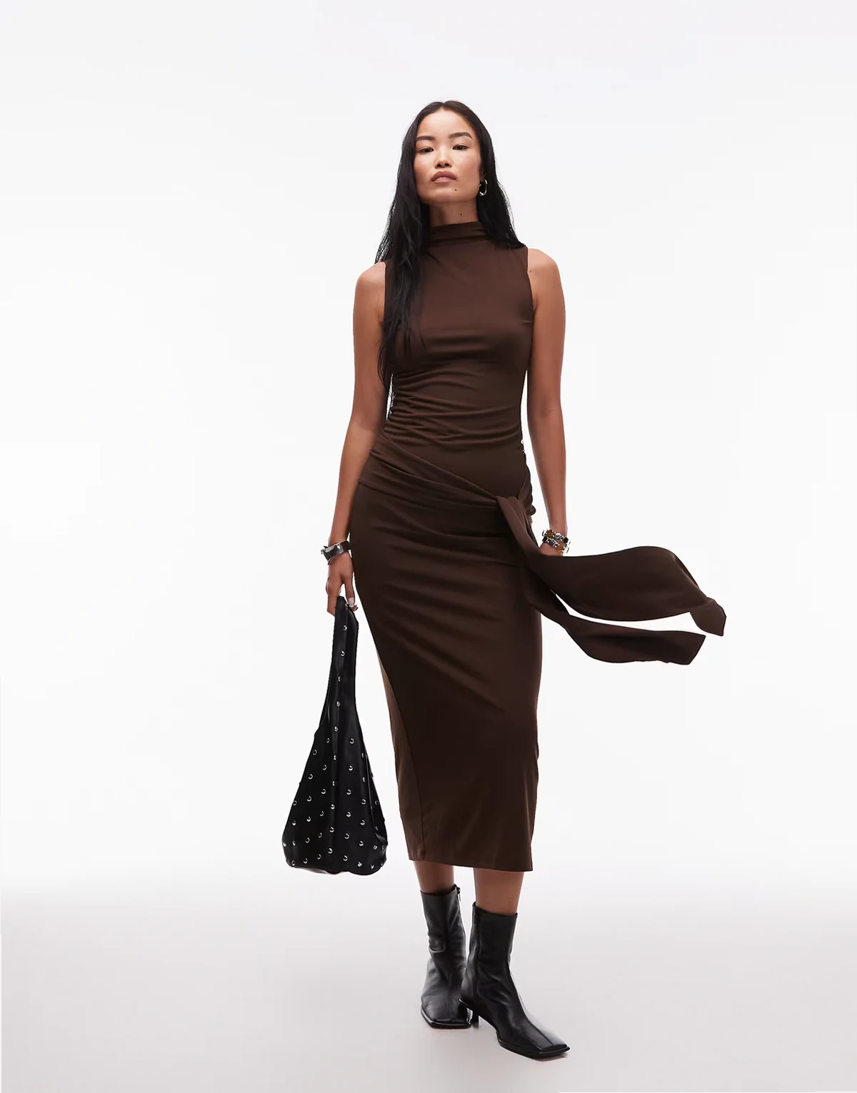 Victoria high neck slinky midaxi dress in espresso