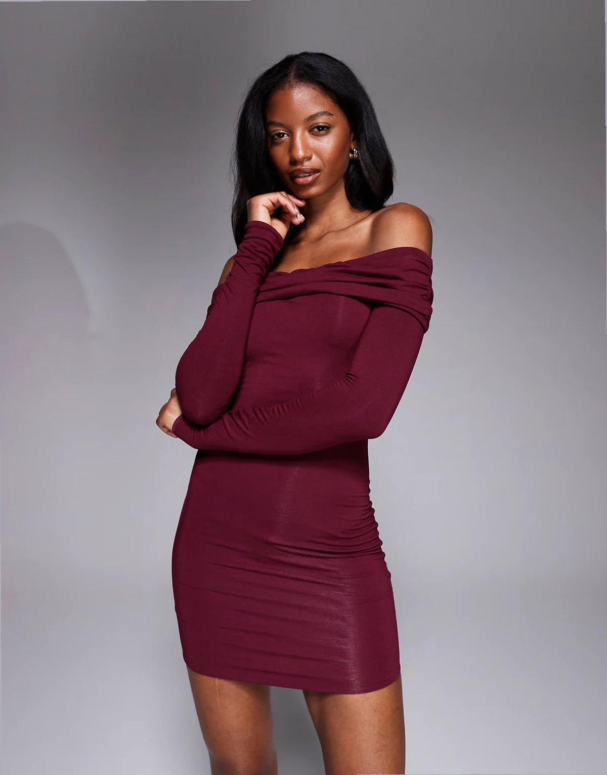 Oriana ruched foldover off the shoulder mini dress in burgundy