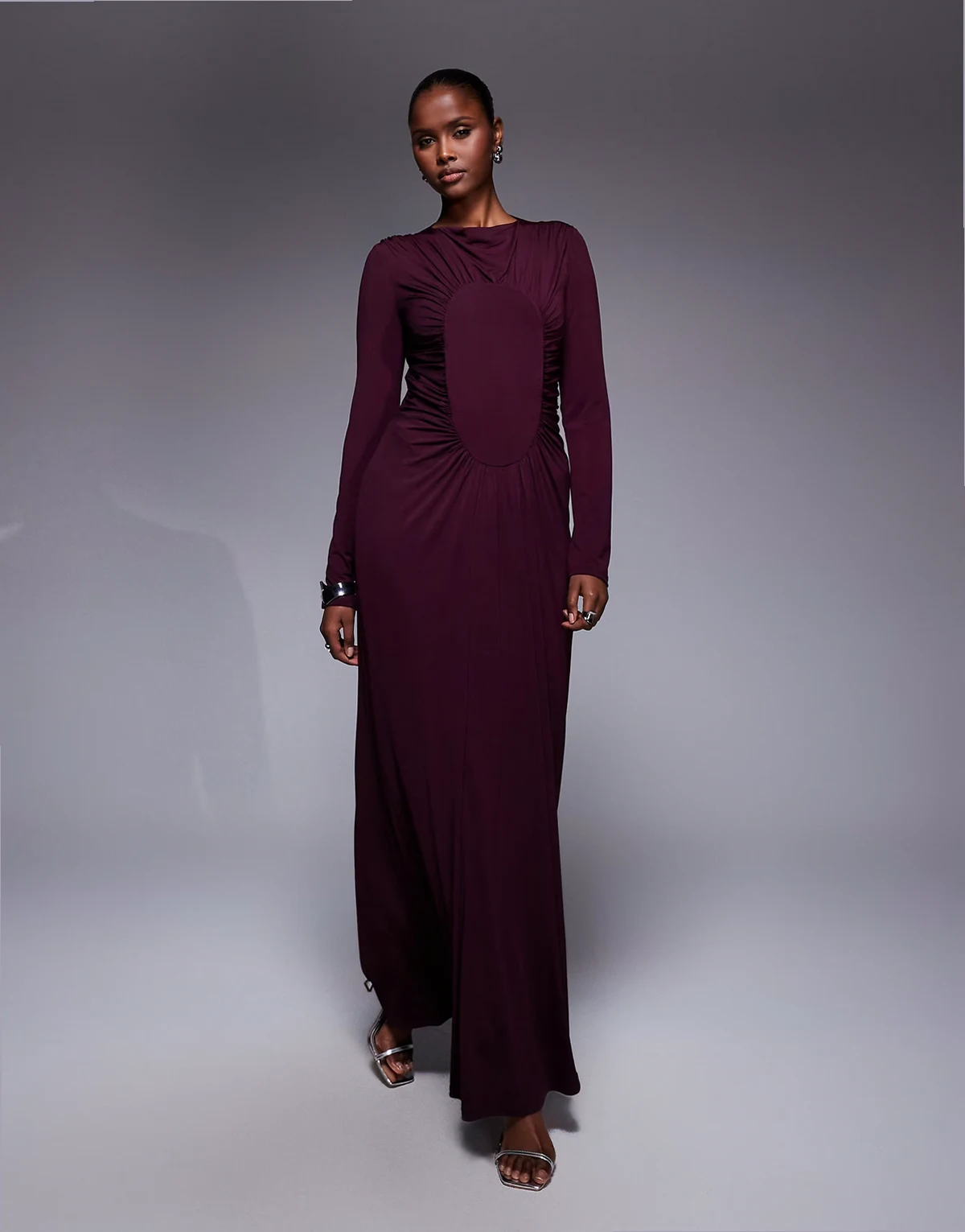ruched maxi dress in plum