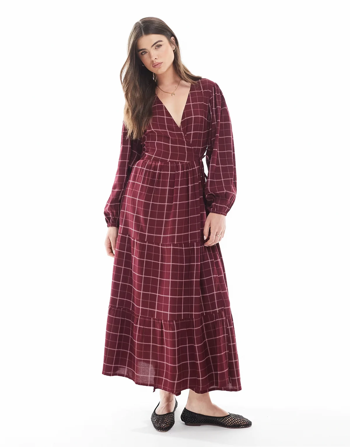 grid plaid wrap midaxi dress in burgundy