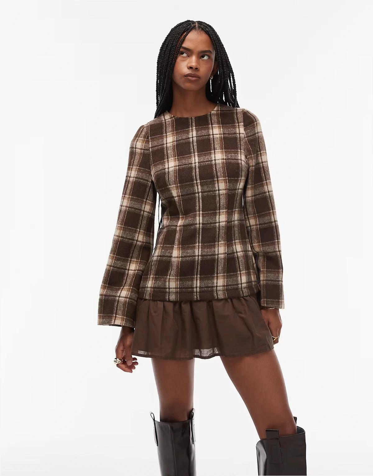 – Hybrid-Minikleid in kariertem Schokobraun mit tiefer Taille