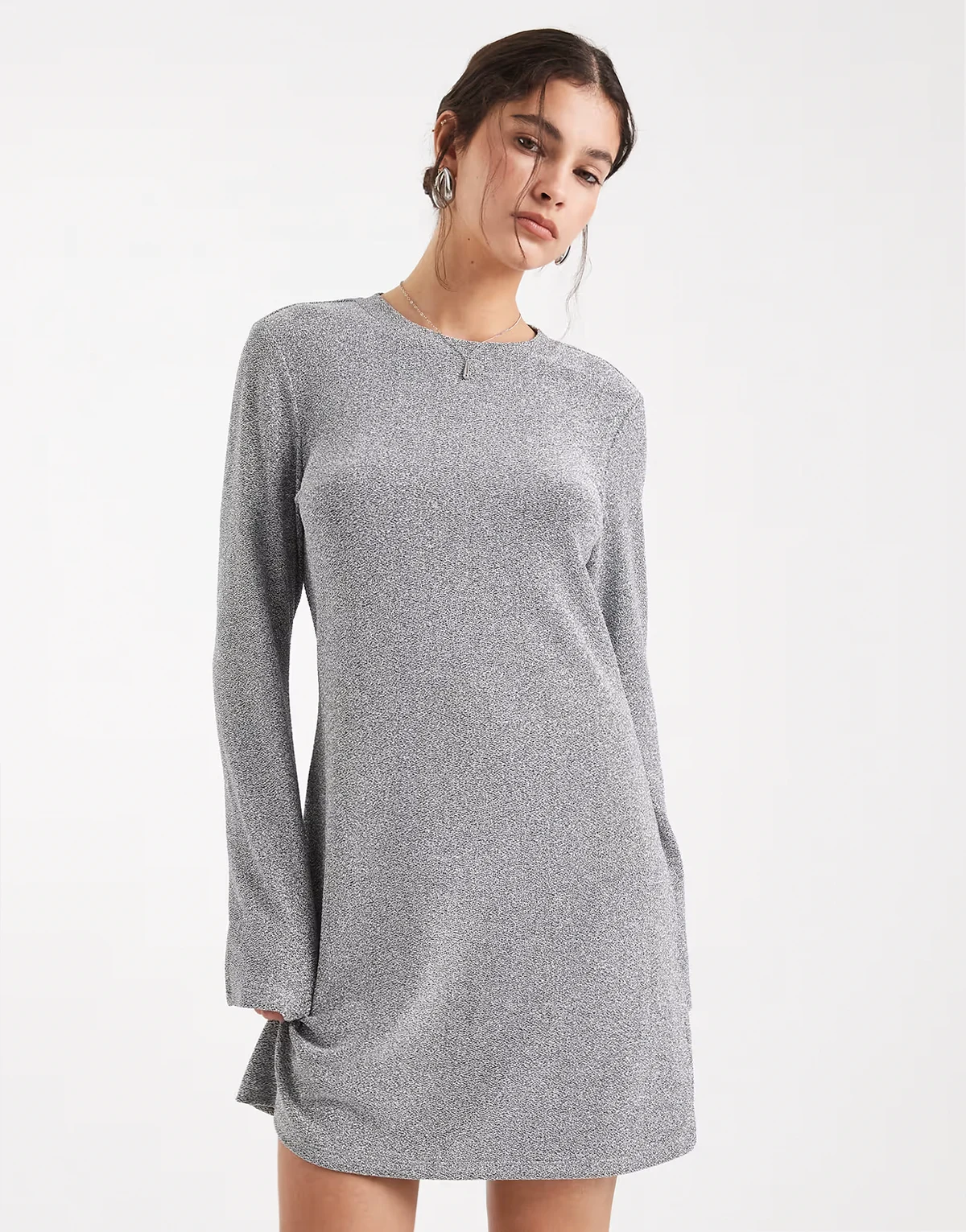 long sleeve glitter mini dress in silver