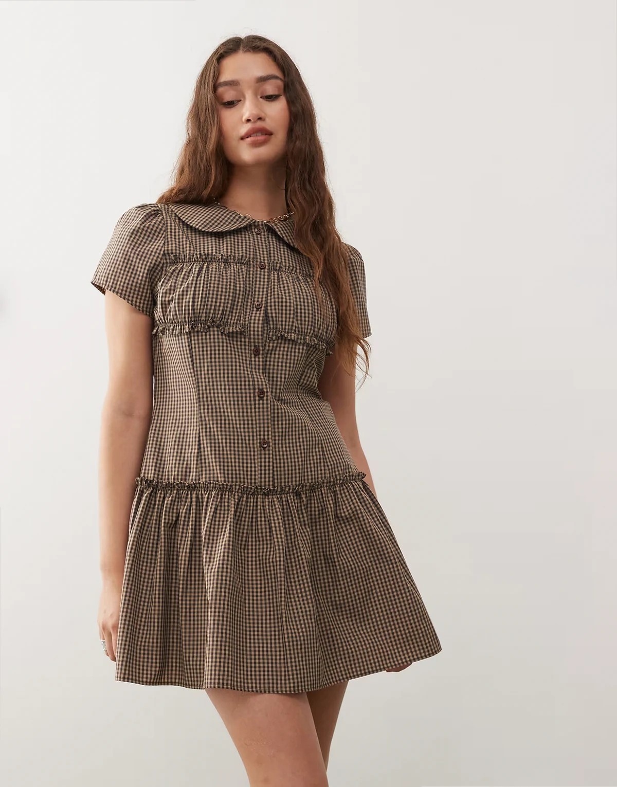 – Mini-Hemdblusenkleid in Neutral mit Vichy-Karo