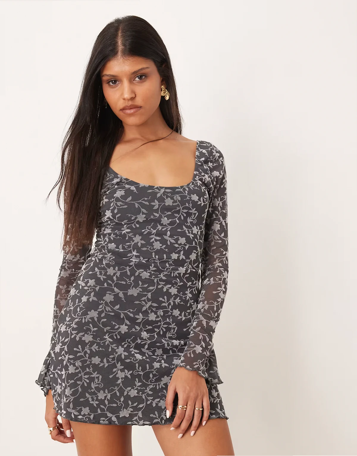 bindara long sleeve mesh overlay mini dress with low back in floral dark gray