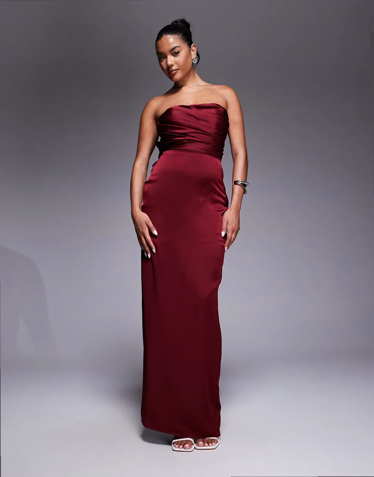 bandeau satin maxi dress with bow back in burgundy