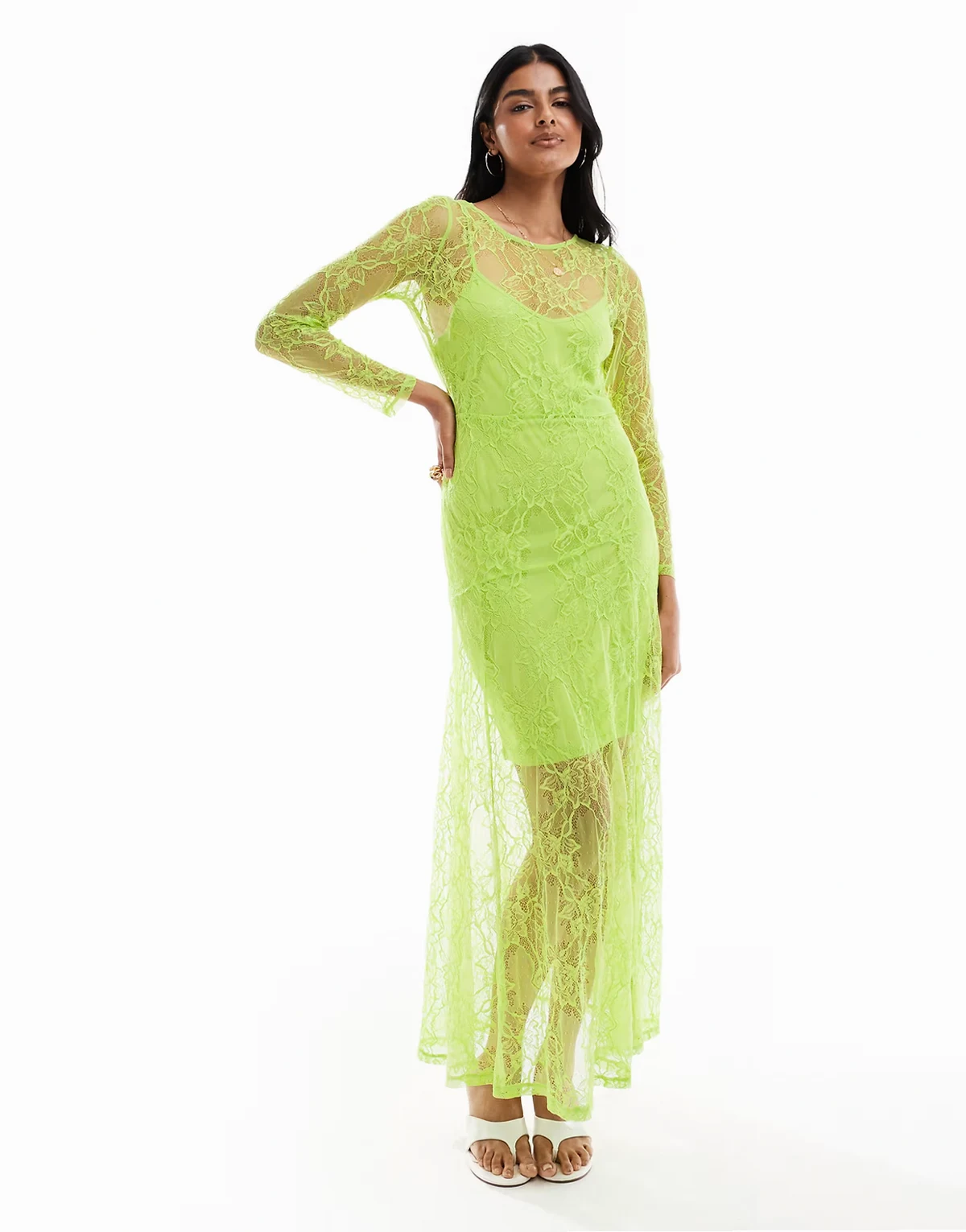 long sleeve sheer lace maxi dress in lime green