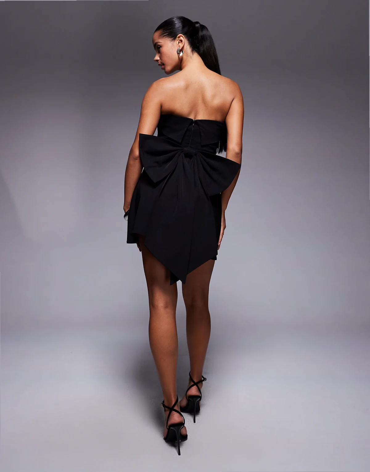 bandeau bow back mini dress in black