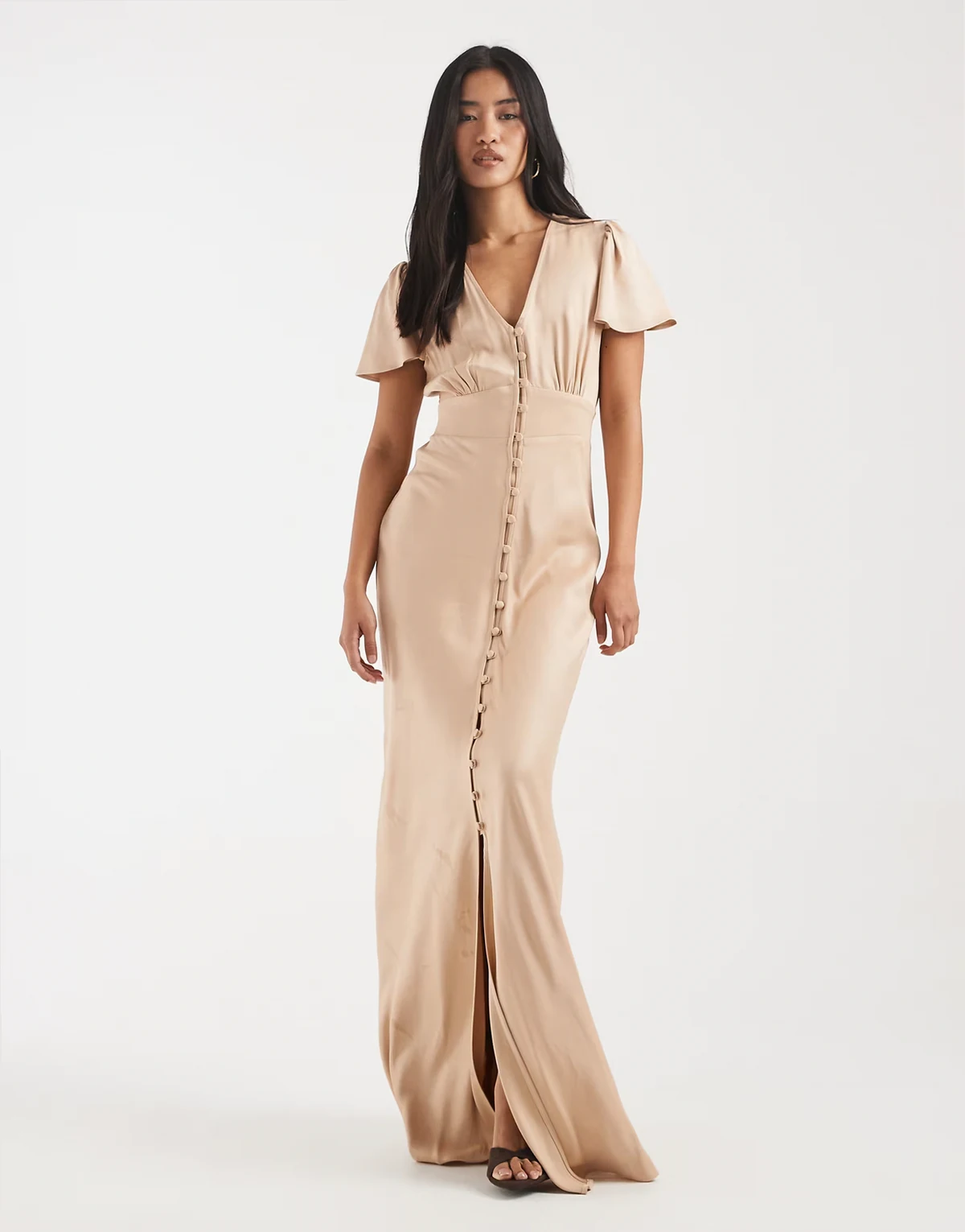 – Bridesmaid – Maxikleid in Mokka mit Knopfleiste auf der Vorderseite
