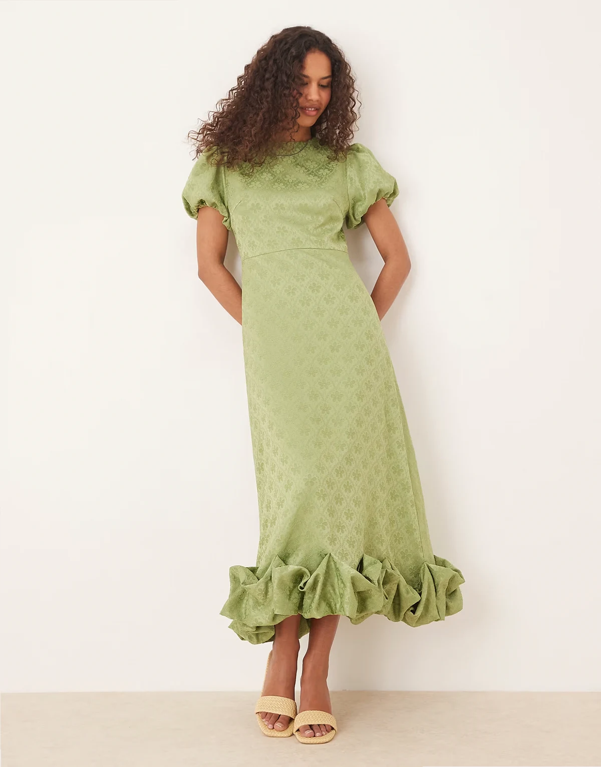 puff sleeve bubble hem maxi dress in soft olive