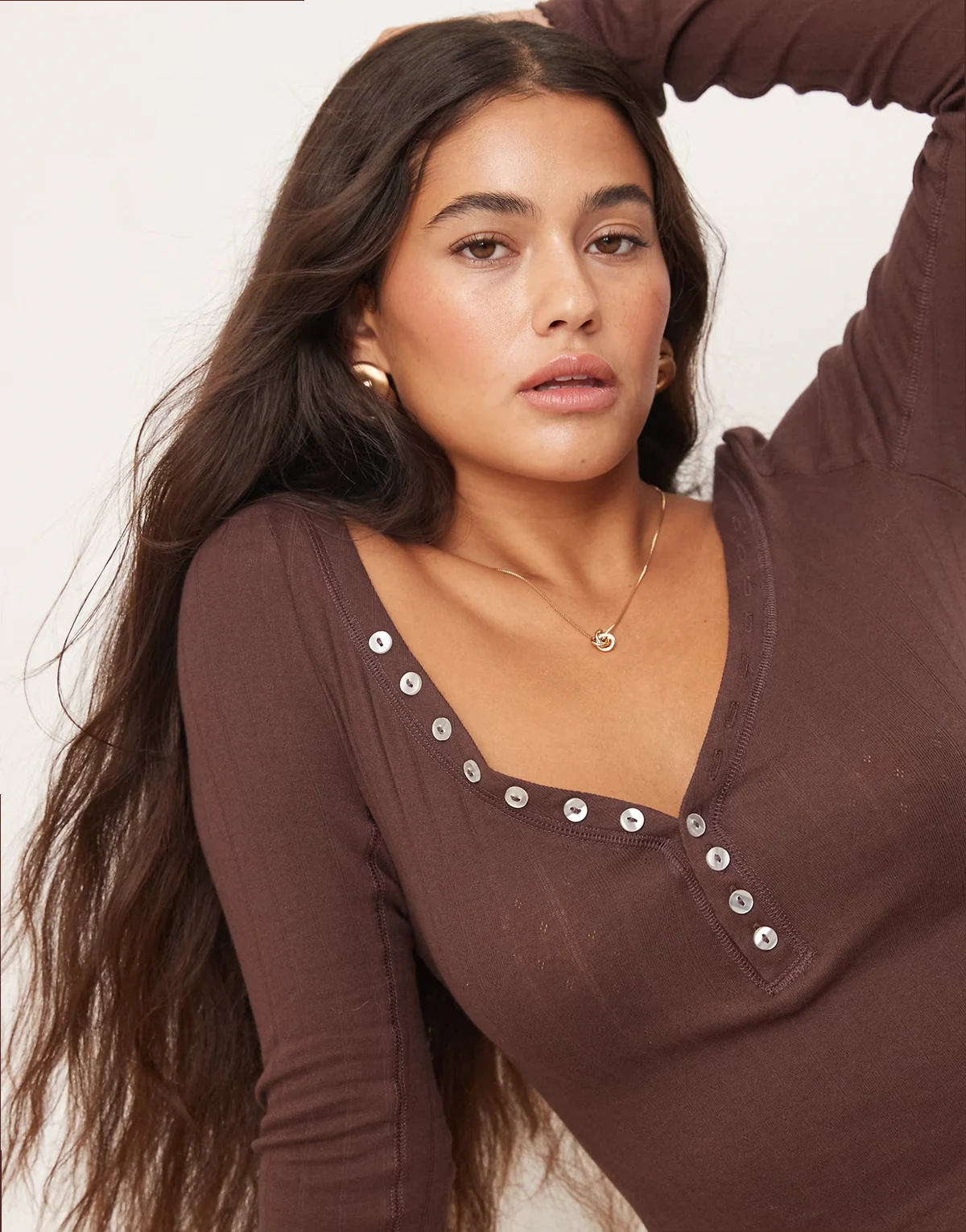 coffee chat long sleeve henley top in chocolate