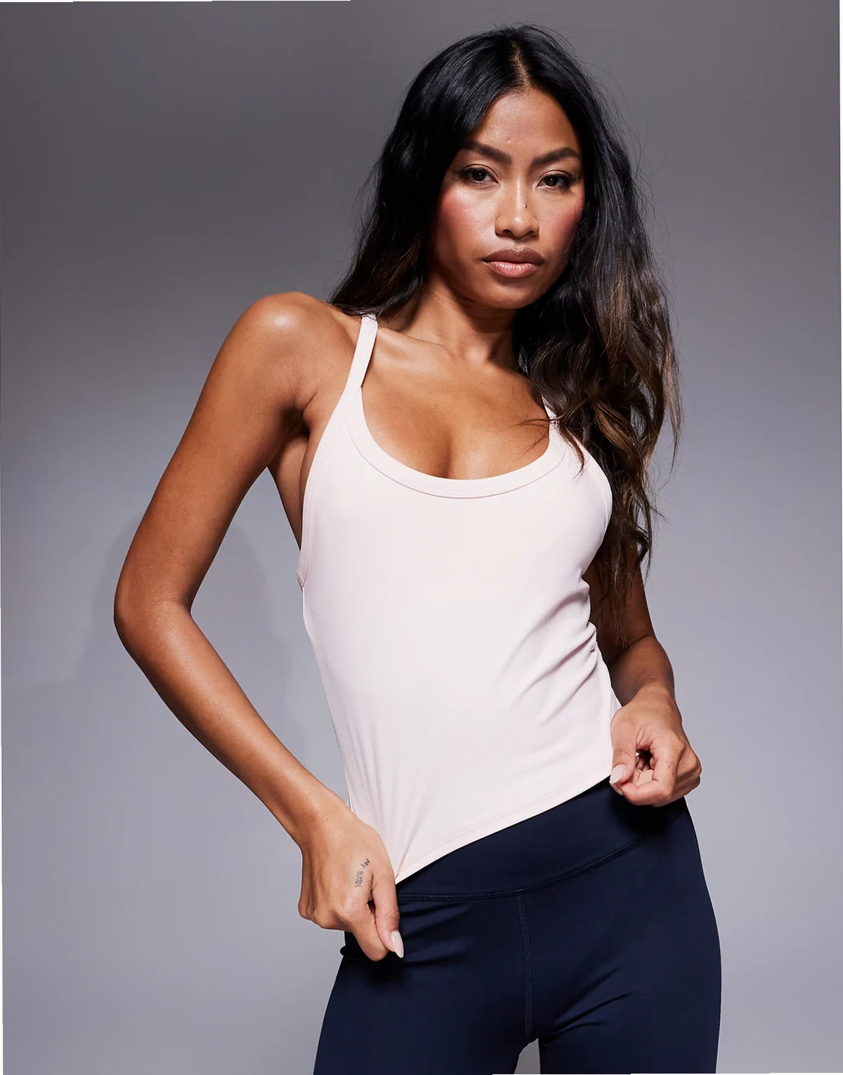 Icon soft touch yoga cami with inner bra and adjustable straps in pearl blush