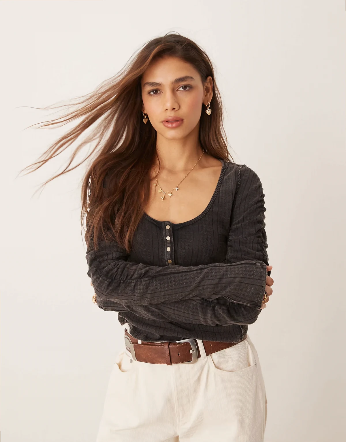 ruched sleeve pointelle henley top in washed black