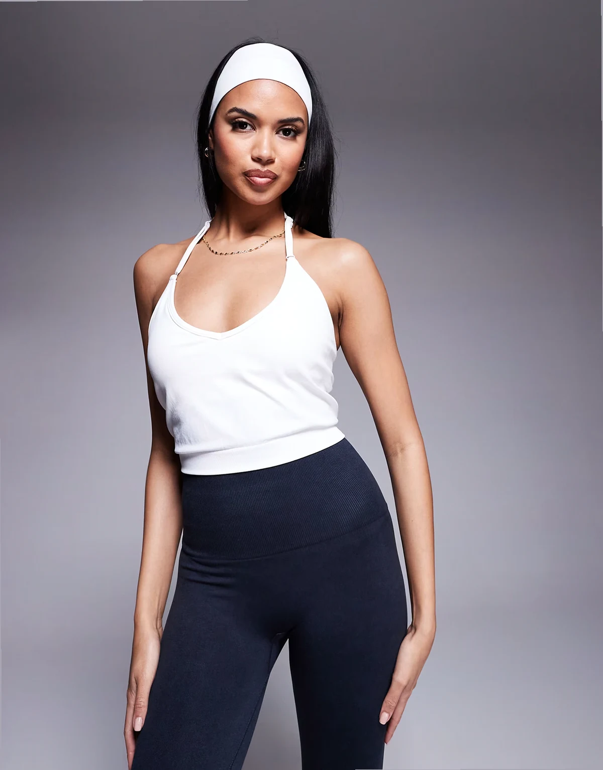 seamless halter neck tank top with inner bra and adjustable strap in parchment