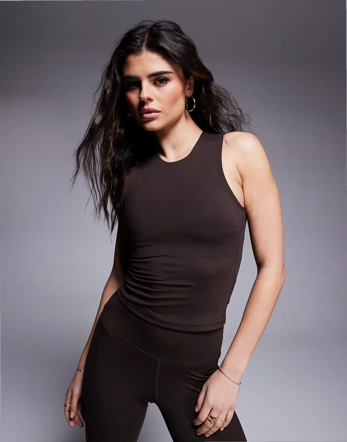 Icon soft touch high neck tank with inner bra in chocolate