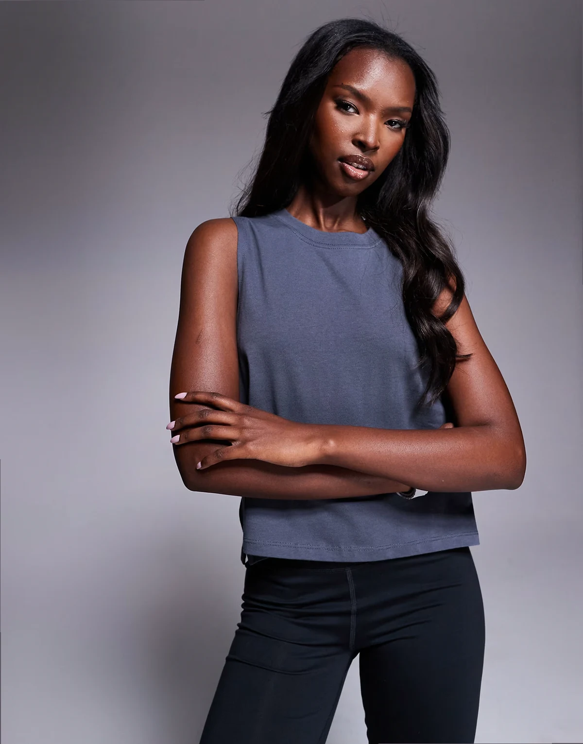 dropped armholes cropped cotton tank top with quick dry finish in iron gray