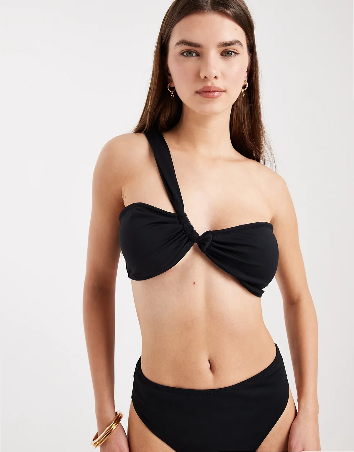 crinkle one shoulder twist detail bikini top in black - part of a set