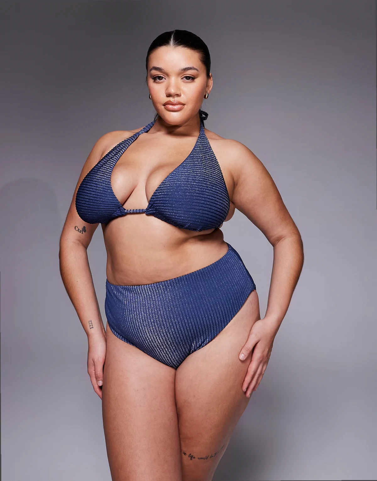 ASOS DESIGN Curve Riddy Azores glitter rib knit high waist high leg bikini bottoms in slate blue