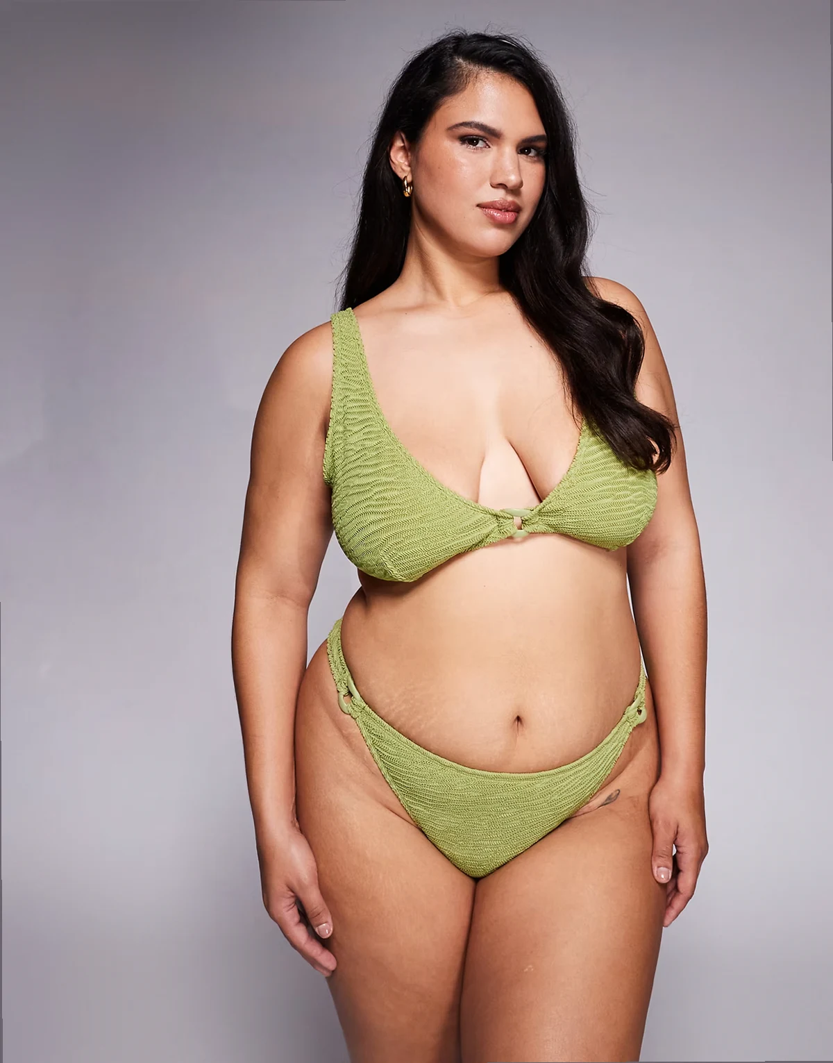 ASOS DESIGN Curve Laurie textured high apex bikini top with chain link in lime