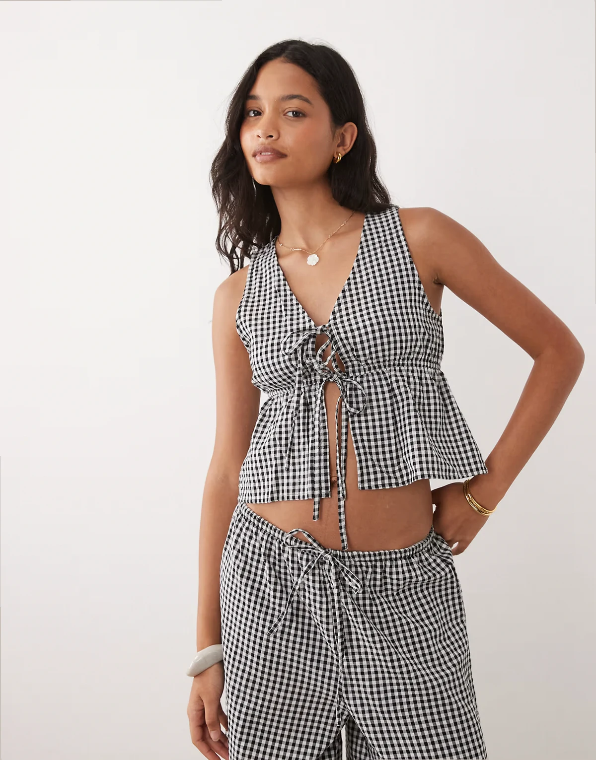 Esmee Exclusive tie front vest in black and white gingham - part of a set