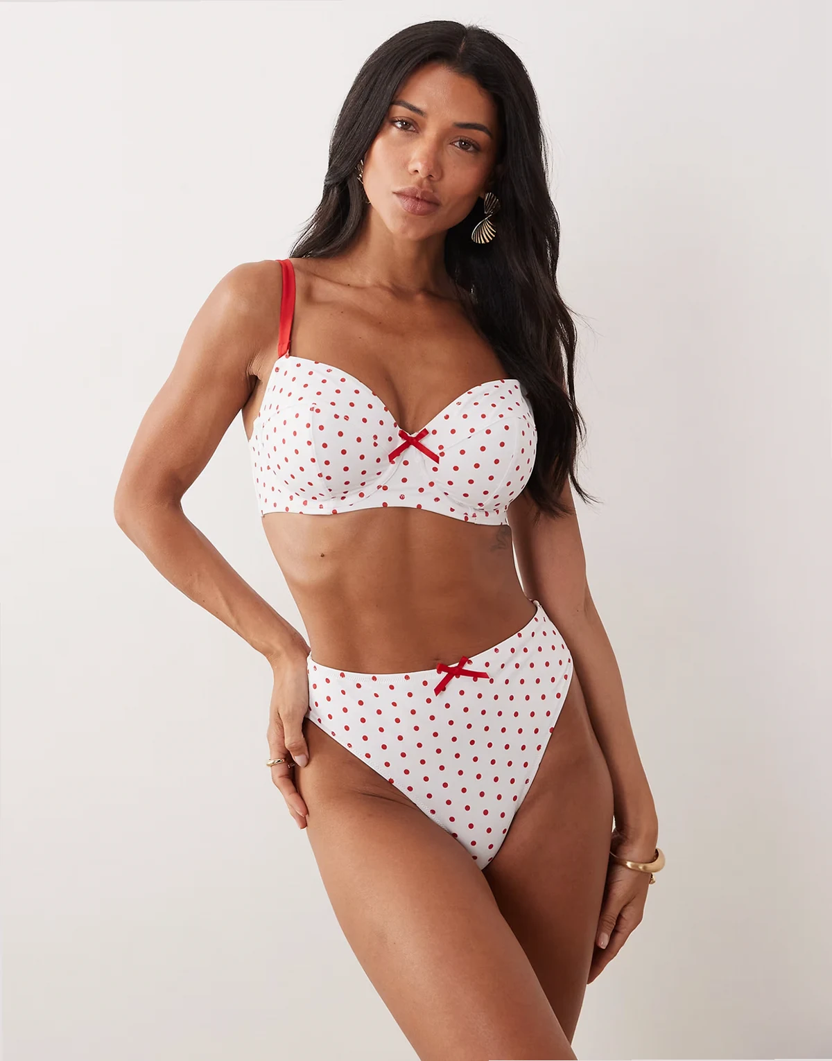 high waist bikini bottom in red & white polka dot