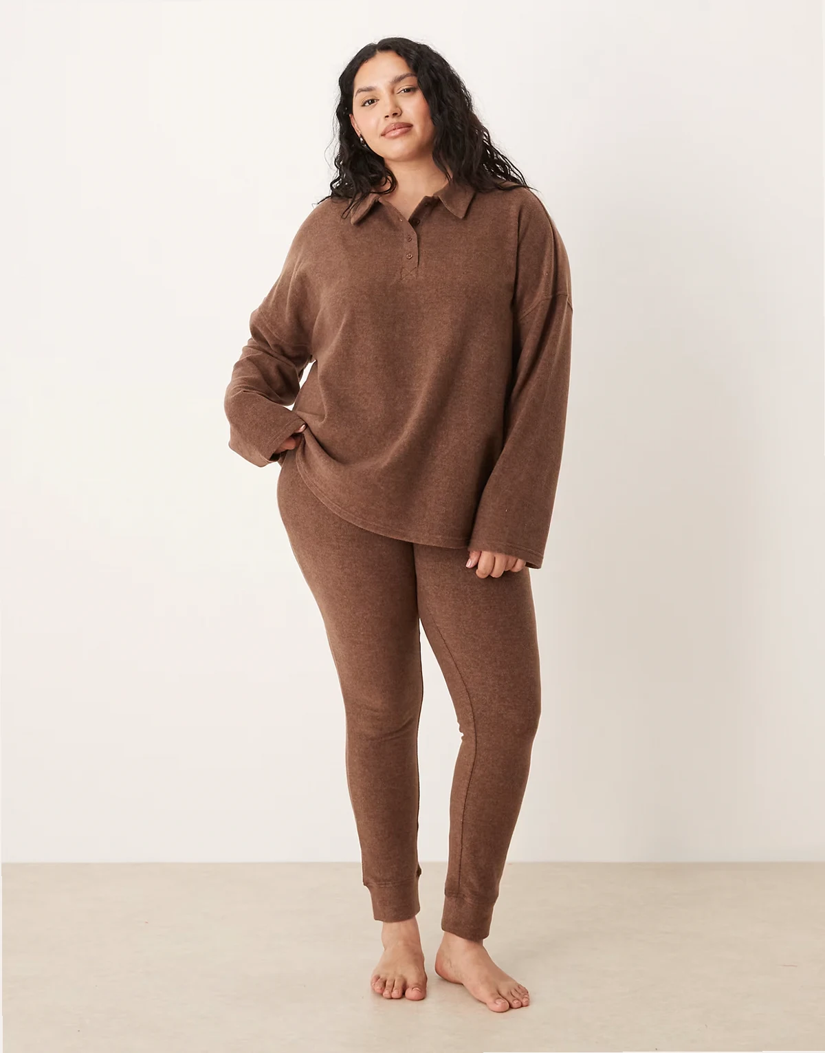 ASOS DESIGN Curve mix & match lightweight fleece collared sweater in chocolate brown