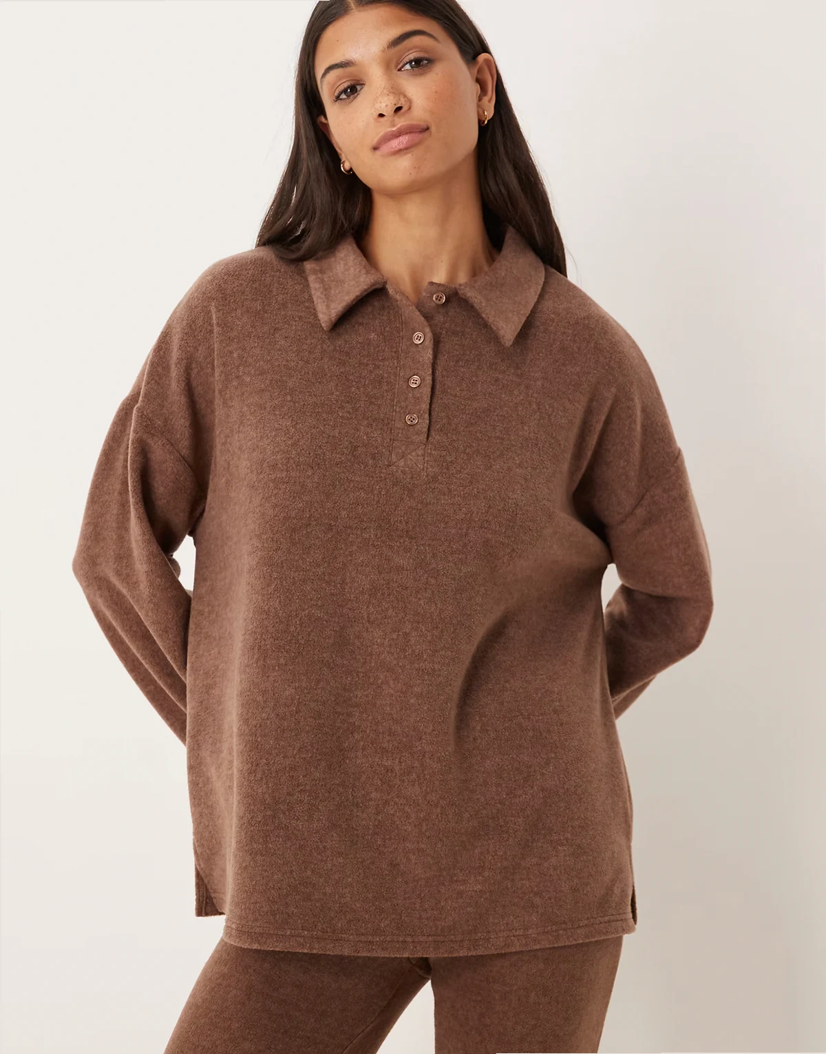 mix & match lightweight fleece collared sweater in chocolate brown