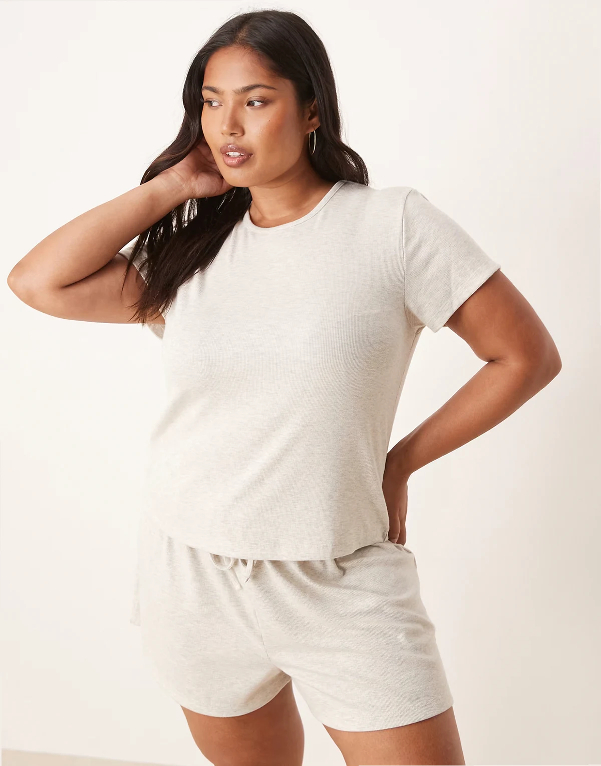 ASOS DESIGN Curve mix & match rib knit oversized pajama tee with side slit in beige