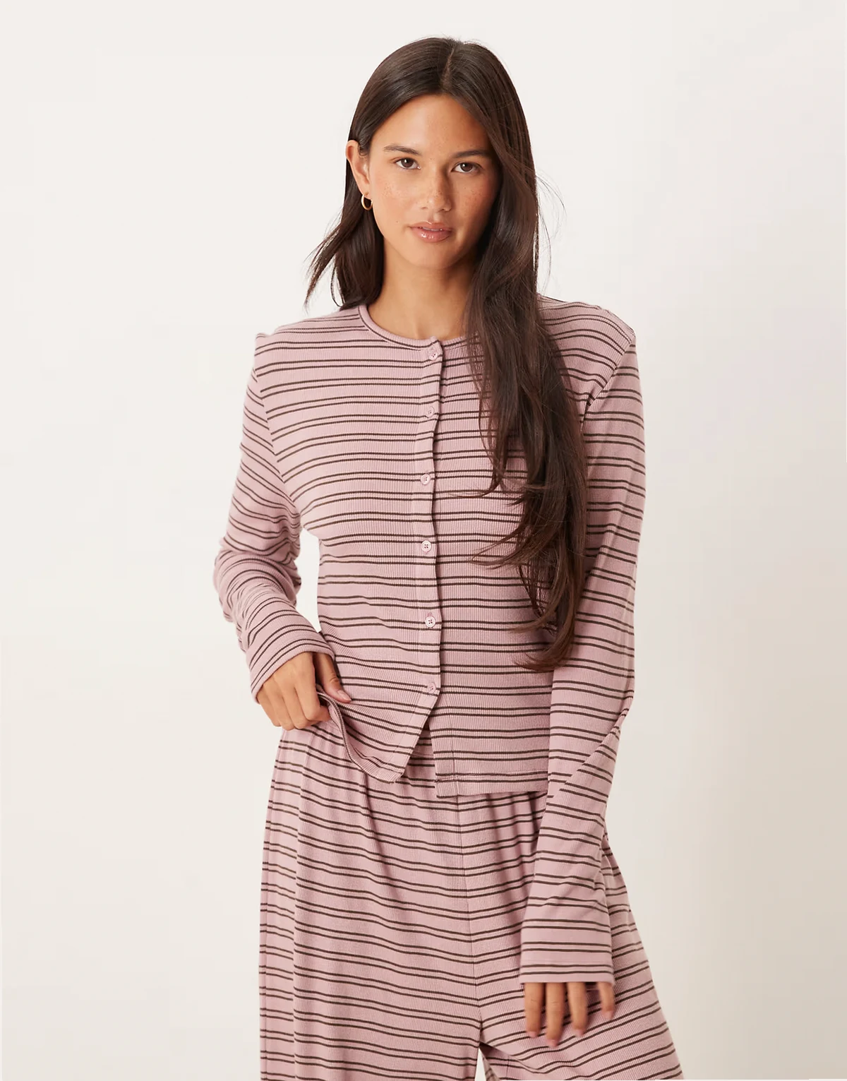 rib knit cardigan in pink & brown stripes