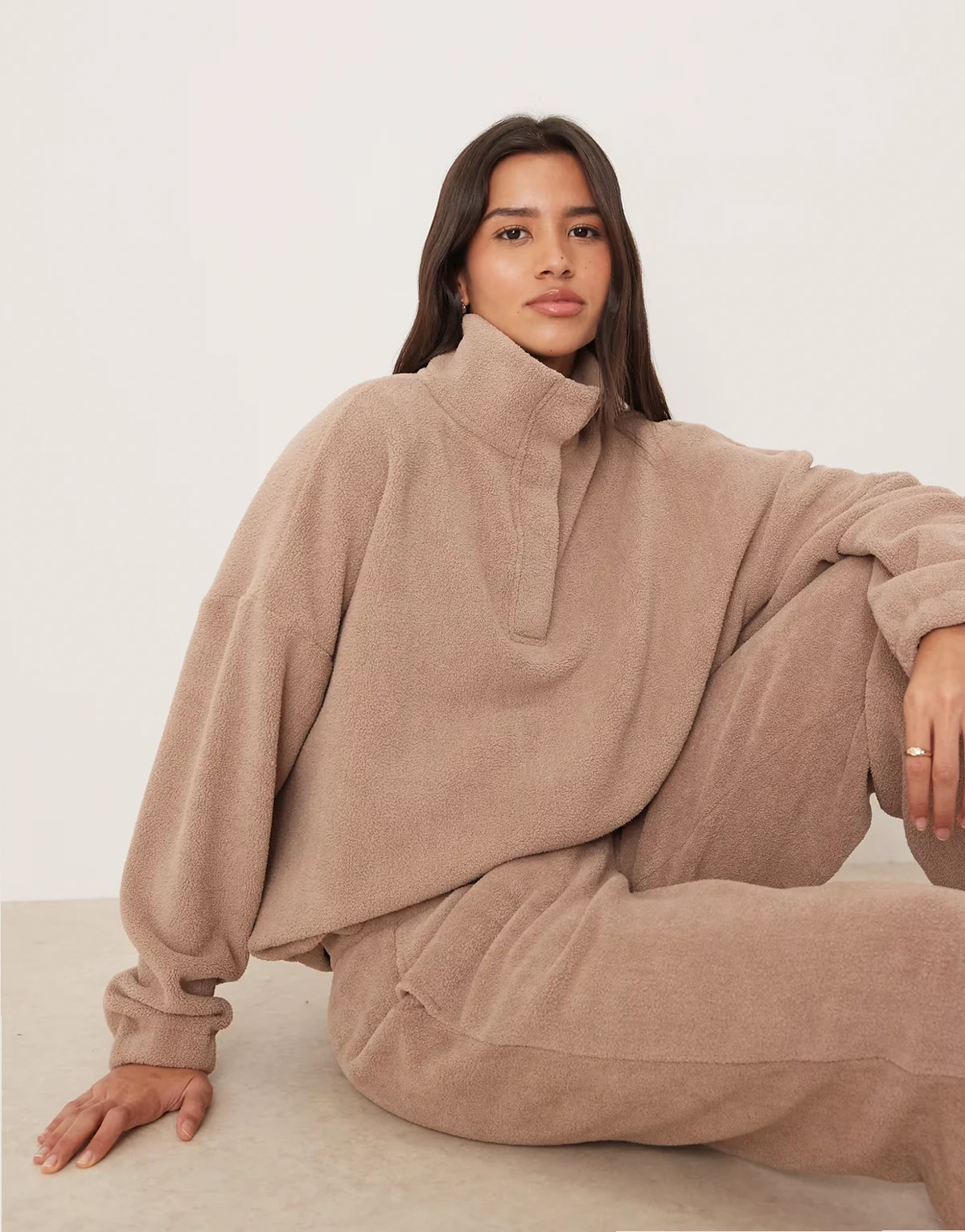 lounge microfleece oversized collar sweatshirt in taupe