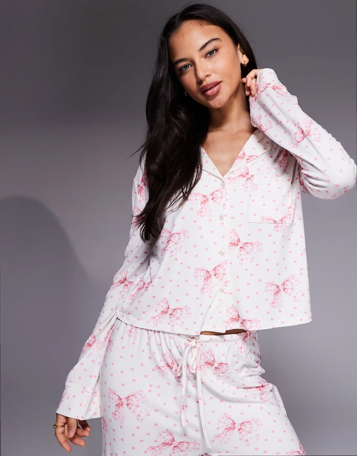 exclusive super soft pajama shirt in cream and pink polka-dot bow print - part of a set