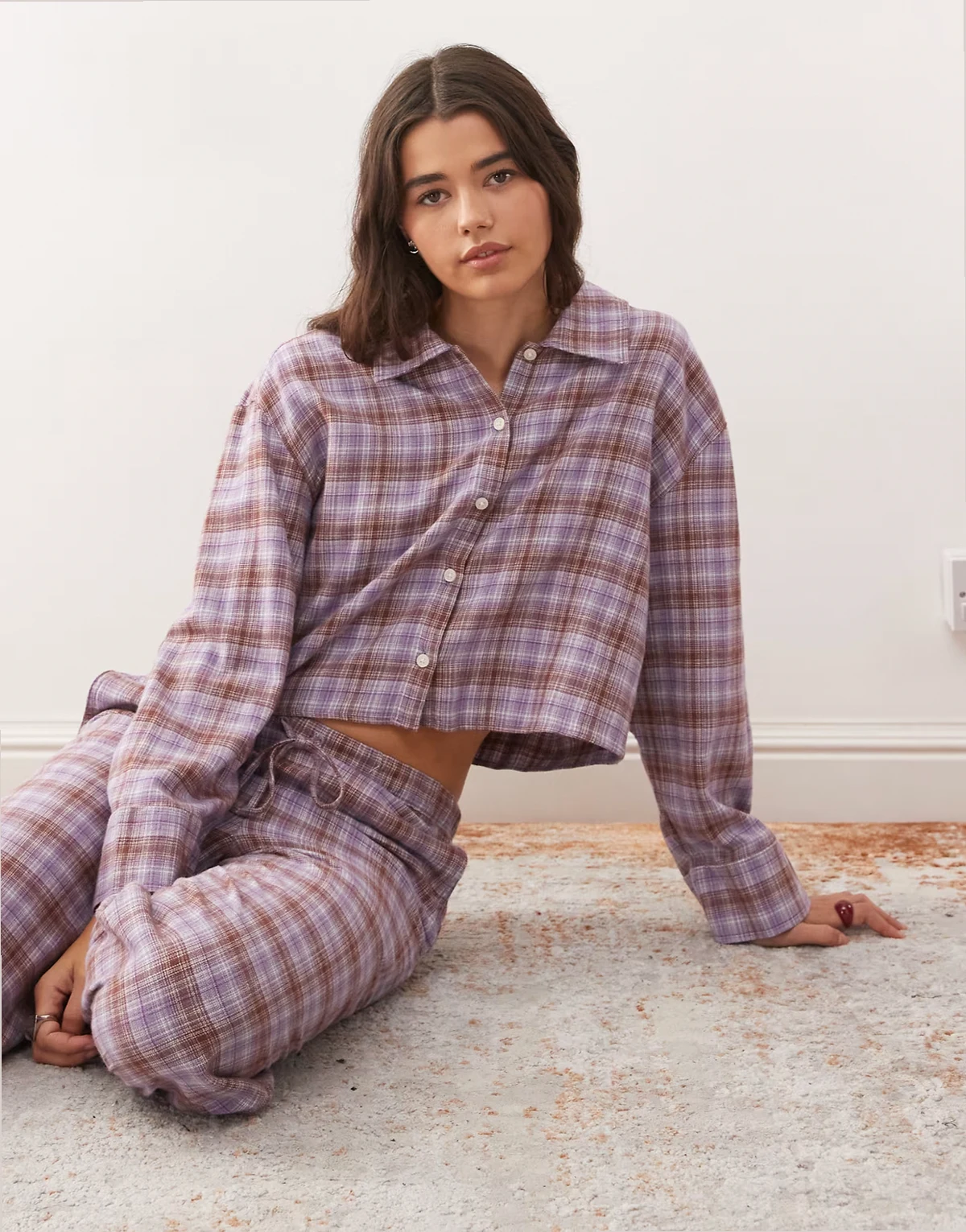mix and match flannel pajama shirt top in lilac plaid