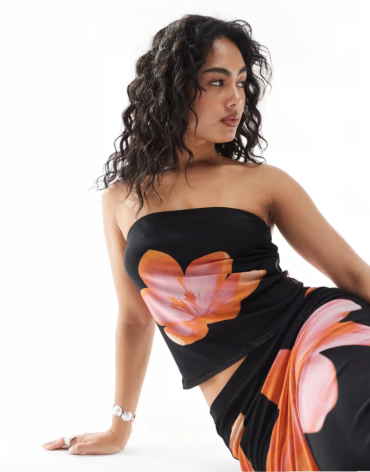 mesh strapless top with flower print - part of a set
